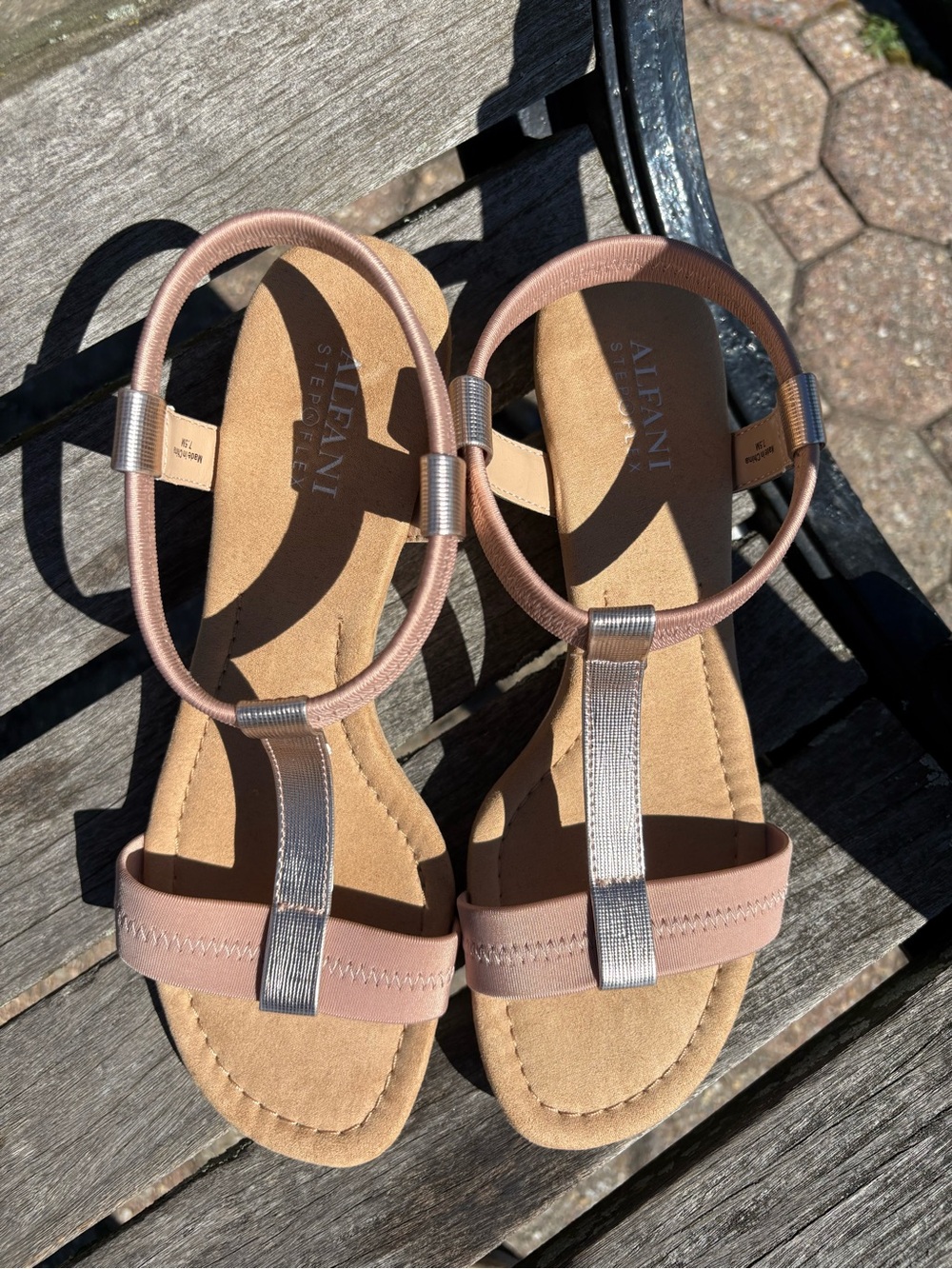 Alfani Women's Tan and Blush Pink Metallic T-Strap Sandals